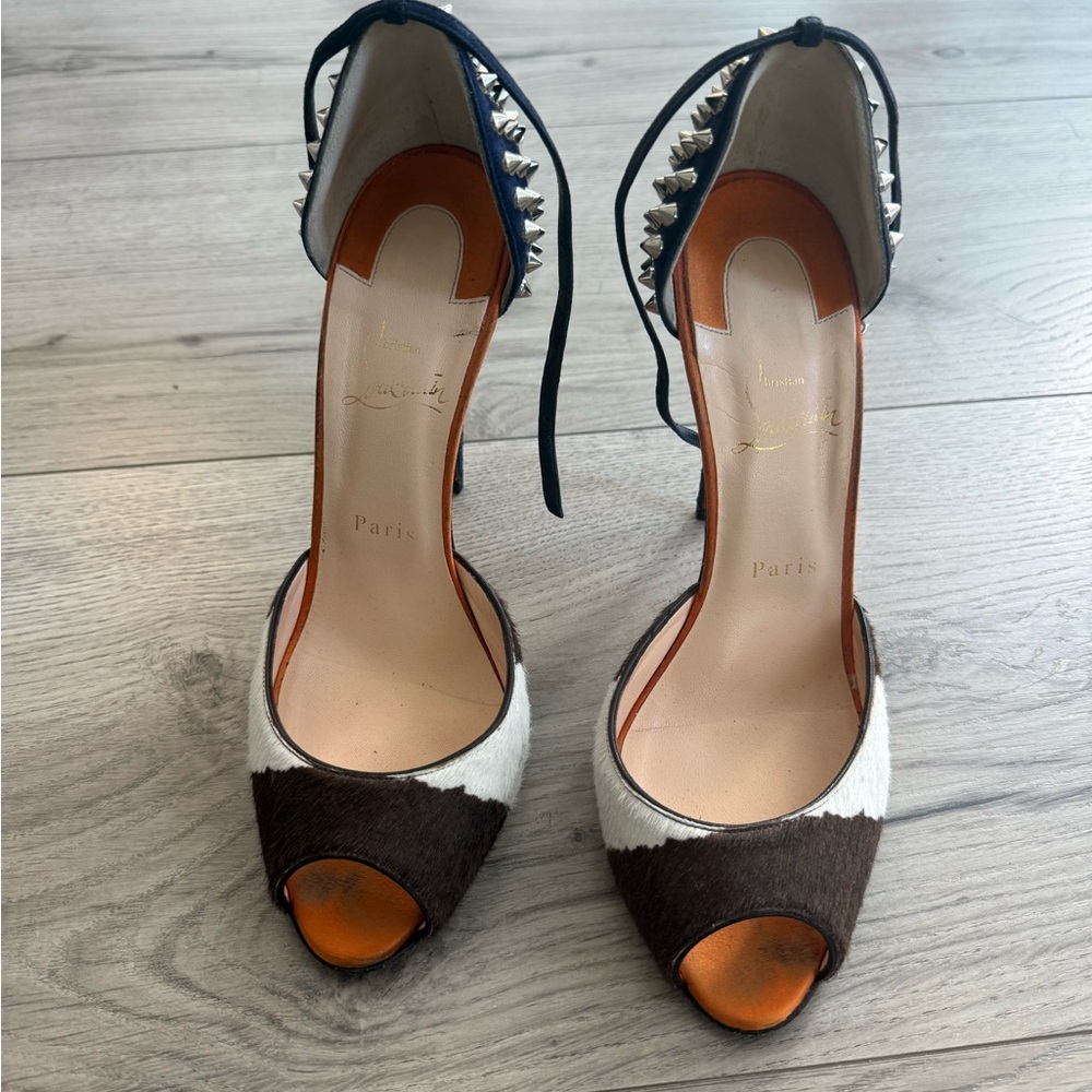 Christian Louboutin Brown & White Peep-Toe Studded Ankle-Strap Heels